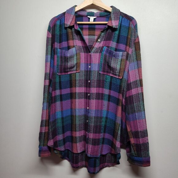 Cato Tops - Cato Button Down Shirt Women Size L Purple Blue Plaid Relaxed Oversized Casual